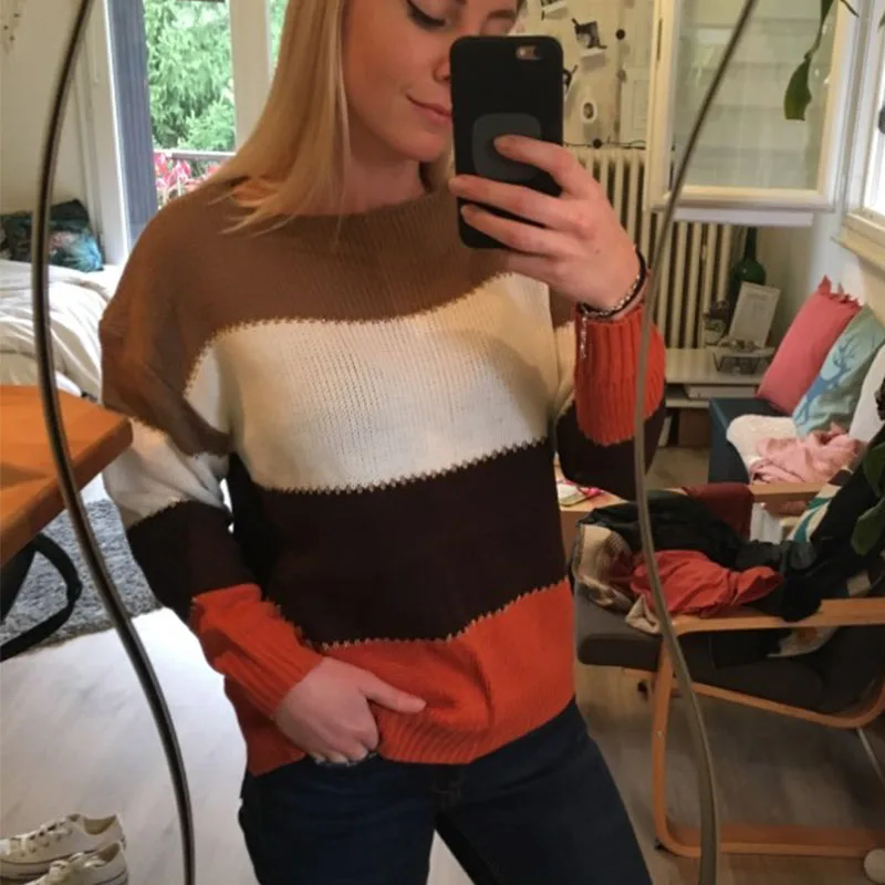 Large Size Multicolor Striped Colorblock O Neck Sweater For Women Contrast Splicing Color Loose Sweaters Lady Autumn Winter | Женская