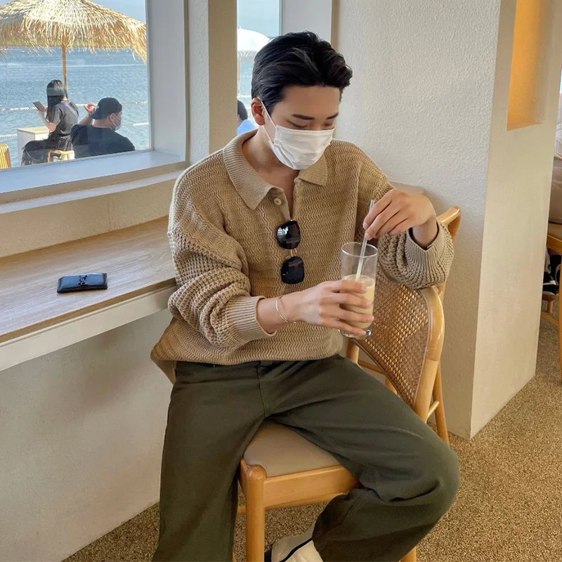 

2021 solid color lapel sweater men's loose-fitting outer wear autumn and winter new lazy style design niche knit sweater top