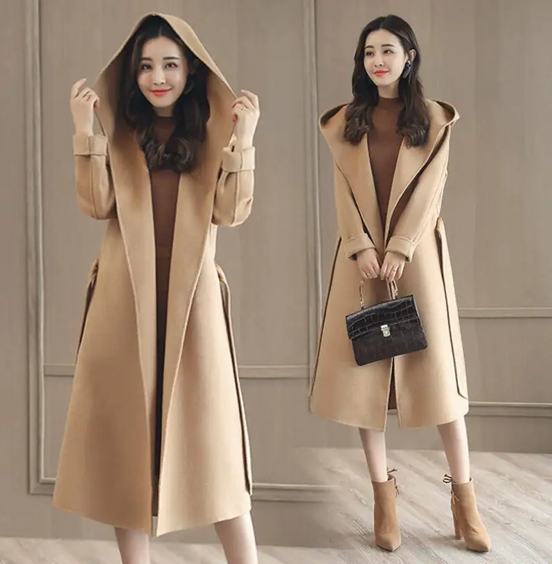 Женская новая шерстяная куртка Корейская длинная свободная верхняя одежда с поясом тонкая куртка с капюшоном размера плюс осенне-зимнее качественное женское ветрозащитное пальто