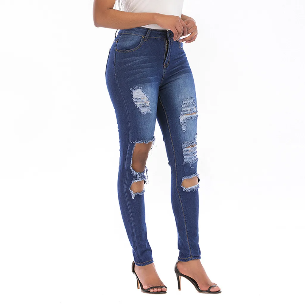 Новые синие джинсы узкие брюки женские с высокой талией тонкие рваные повседневные джинсы из денима стрейч брюки джинсы брюки для женщин# J30