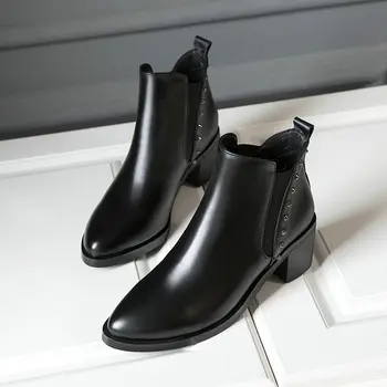 

spring Autumn genuine Leather Short Boots Square Heel Women Shoes Slip on All Match Ankle Boots Size 34-41