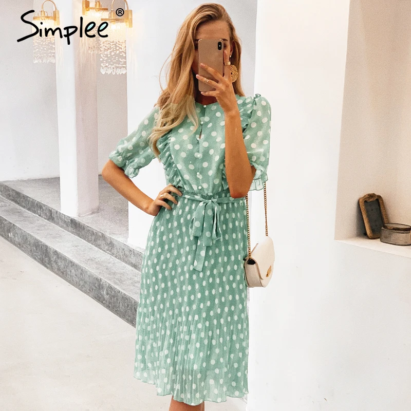 Simplee Elegant dot print women summer dress Short sleeve ruffle sash female midi dress Pearl buttons a-line ladies green dress Simplee Elegant dot print women summer dress Short sleeve ruffle sash female midi dress Pearl buttons a-line ladies green dress
