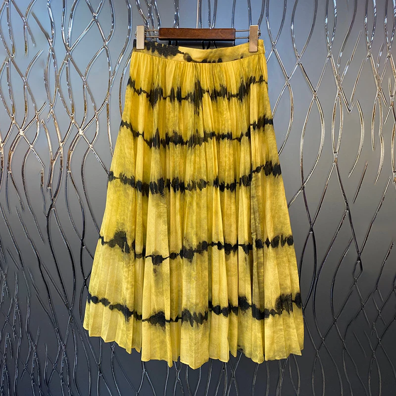 Женская плиссированная юбка с высокой талией и цветными блоками - Цвет: yellow
