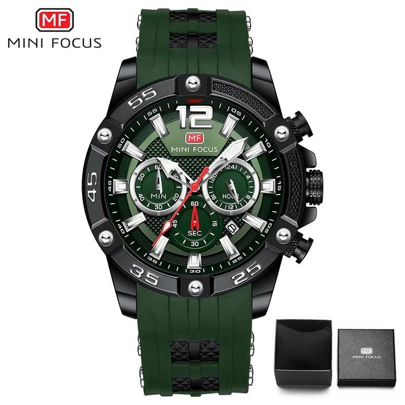 BOX GREEN MINIFOCUS Military Blue Men Sports Watches Top Brand Luxury Quartz Male Watch Silicone Strap Waterproof 3ATM Fashion Wristwatch - Цвет: BOX GREEN