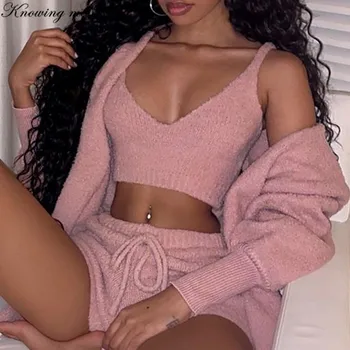 

Winter warm Knitted Fleece Suit Sets Autumn Long Sleeve Hooded Cardigan Coat Outwear + Shorts Pants Outfits Suits dropsipping