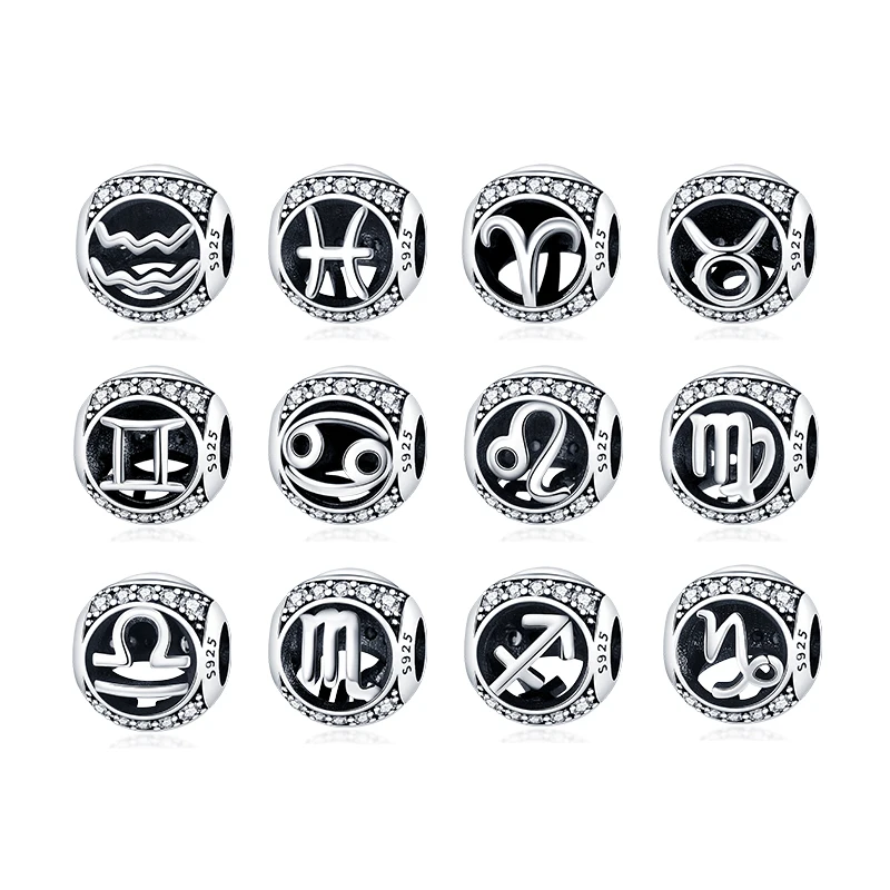 

plata charms of ley Silver Color Round Twelve Constellation Series Charm Bead Fit Original Pandach Bracelet Women Diy Jewelry