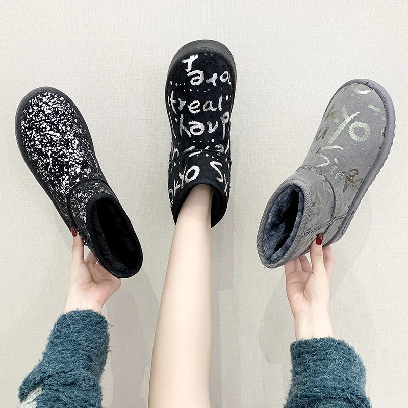 Женские зимние ботинки с граффити; теплые зимние ботильоны с коротким мехом и блестками; Женская замшевая обувь на платформе; Женская удобная обувь
