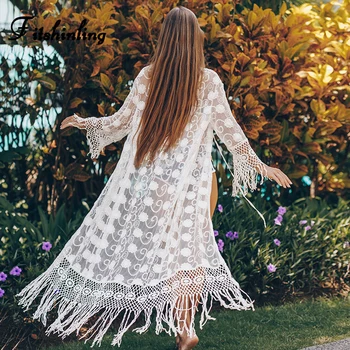 

Fitshinling Flower Lace Beach Cover Up Swimwear Fringe Bohemian Kimono Swimwear Hollow Out Sexy White Cardigan Holiday Outputs