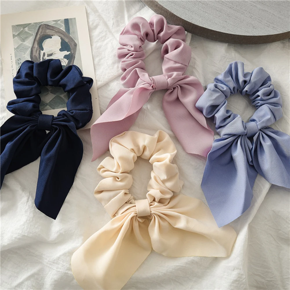 Korea Red Blue Black Hair Ribbons Silk Rope Women Scrunchies Rabbit Ears Knotted Bow Ponytail Holder Ring |