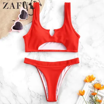 

ZAFUL Bikini Ribbed High Leg Cutout Bikini Set Scoop Neck Padded High Cut Sexy Swimsuit Solid Push Up Swimwear Bathing Suit 2019