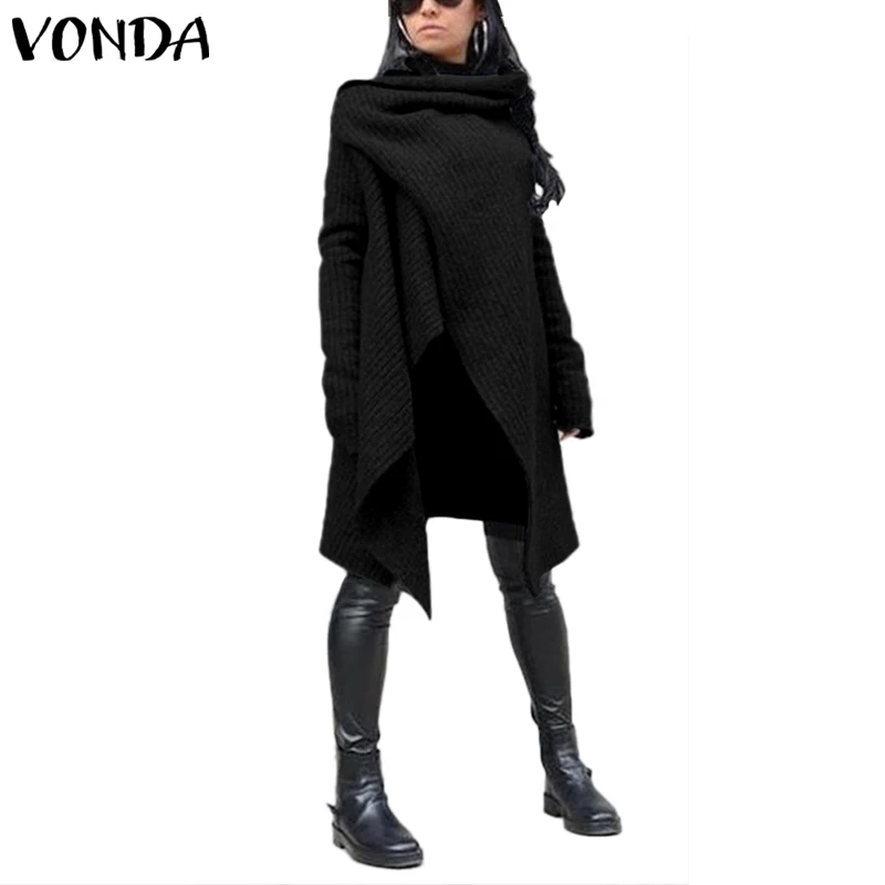 Черный VONDA осень зима женские свитера Блузка с длинным рукавом Топы Модные вязаные повседневные свободные однотонные рубашки размера плюс S-5XL - Цвет: Черный