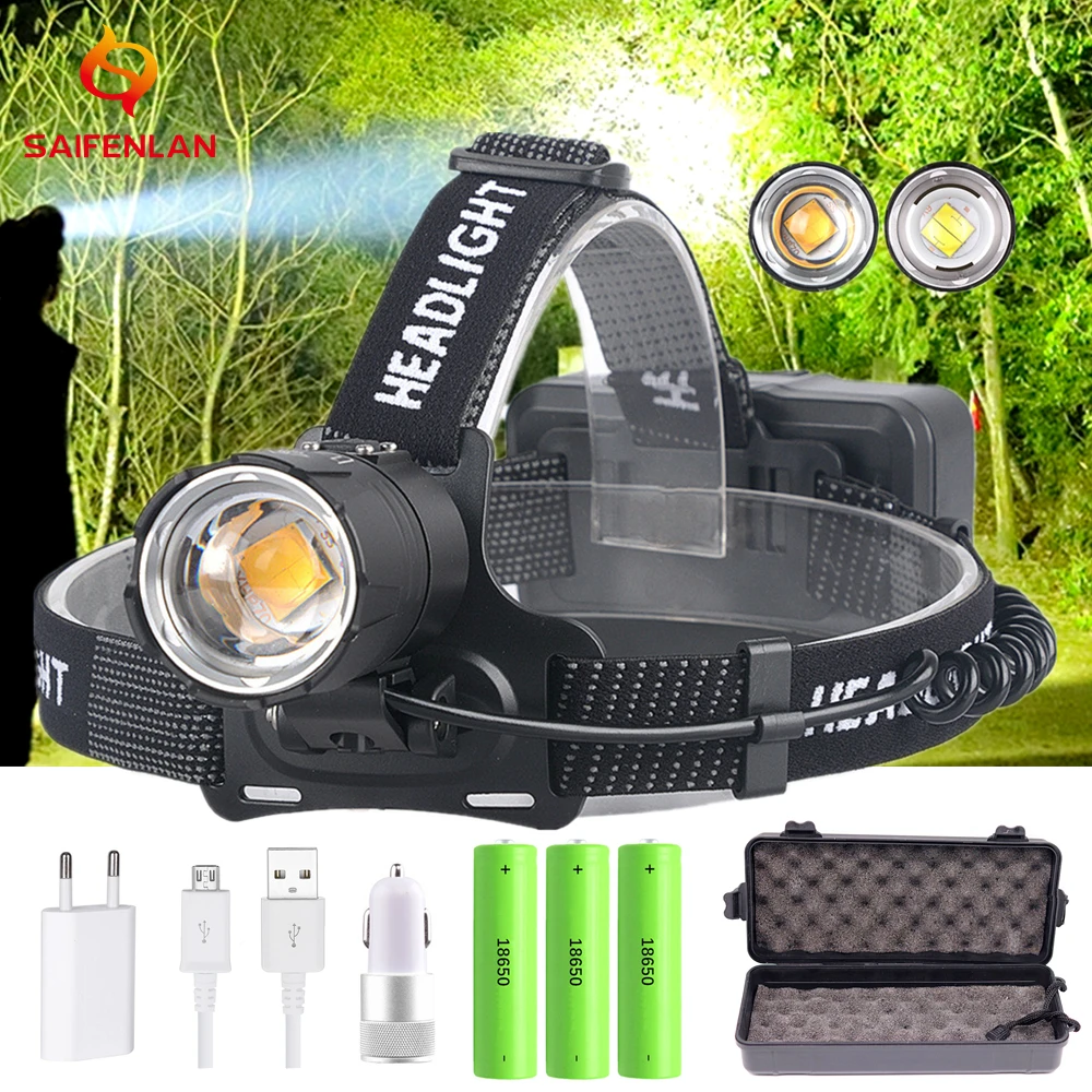 

100000lumens High Power LED XHP70.2 Headlamp Head Torch White/Yellow Light USB Headlamp ZOOM 18650 Rechargeable LED Head Lamp