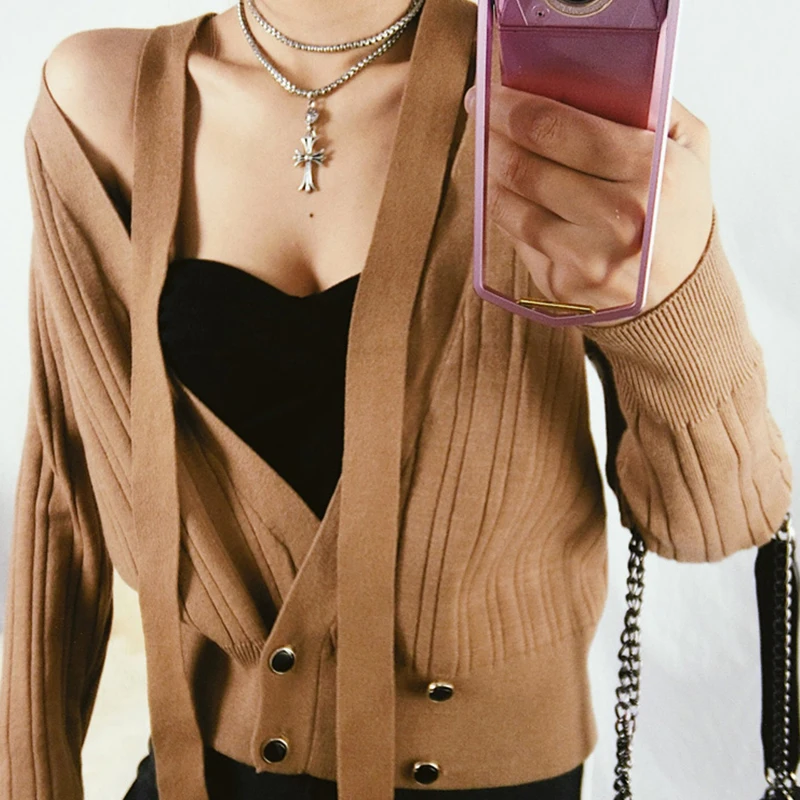 

Sexy V-Neck Deep Knitted Cardigans Spring Autumn Cardigan Women Casual Long Sleeve Tops Simple Solid Straight Sweater Coat