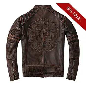

2020 Vintage Brown American Style Motorcycle Leather Jacket Large Size XXXXL Genuine Cowhide Autumn Slim Fit Biker's Coat