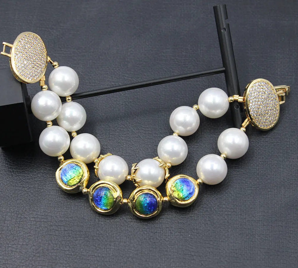 GuaiGuai Jewelry 2 Rows White Sea Shell Pearl Blue Murano Glass 