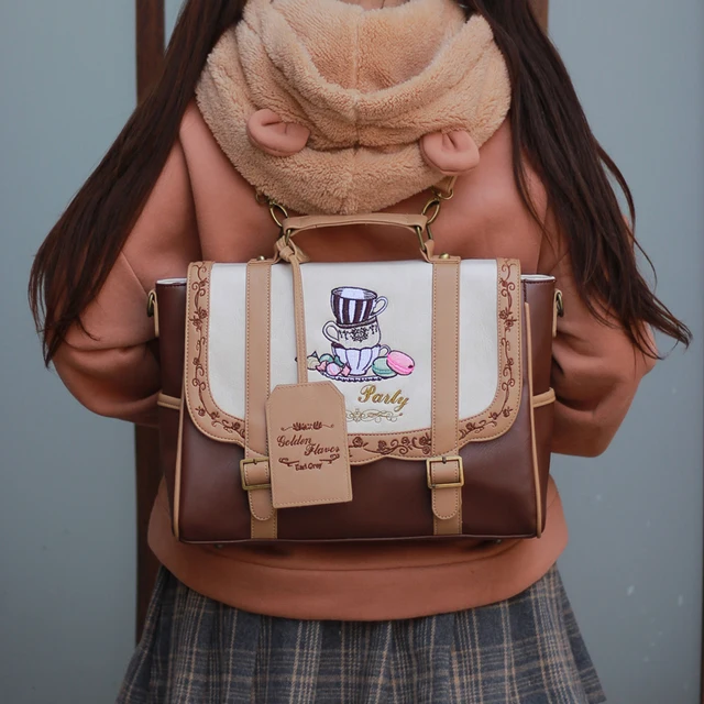 Japanese lolita age reduction embroidery bag small fresh female backpack college JK bag high school A4 school bag shoulder 3way 3