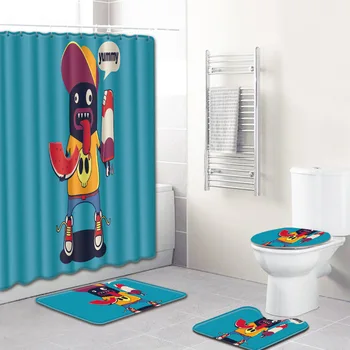 

Cartoon Weird Coffee Floor Mat Shower Curtain Bathroom Non-Slip Mat 4-Piece Waterproof Bathroom Shower Curtain Set Toilet Mat