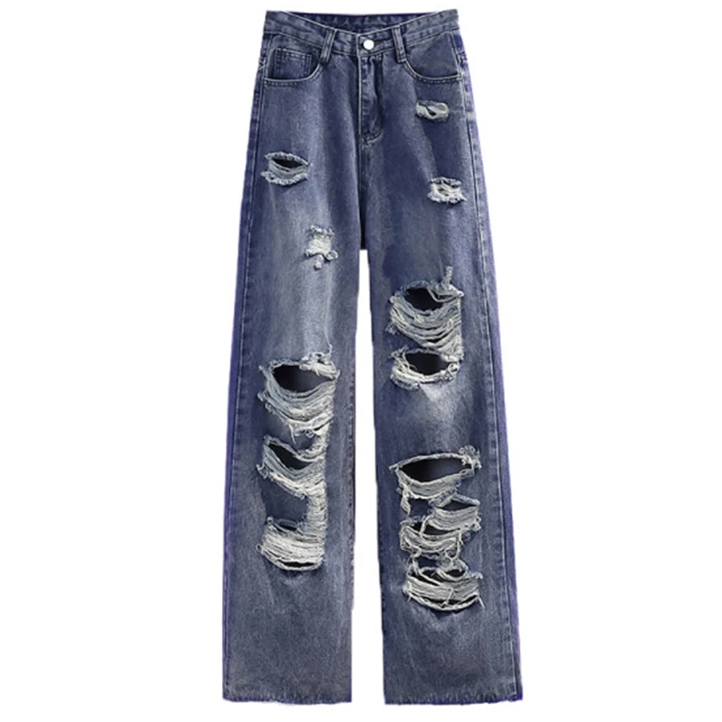 Spring and Autumn Women's street jeans Ripped jeans High waisted baggy jeans Wide leg jeans Y2K hip hop pants Blue fashion jeans denim Jeans