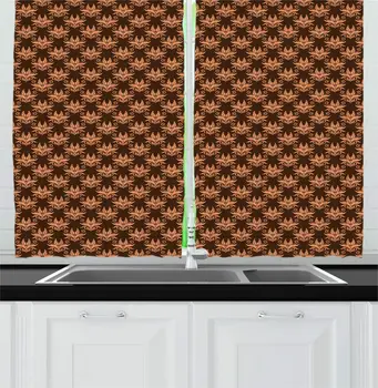 

Peach Chocolate Peach Brown Kitchen Curtains Floral Design Nostalgic Inspired Pattern Leafy Motif Window Drapes