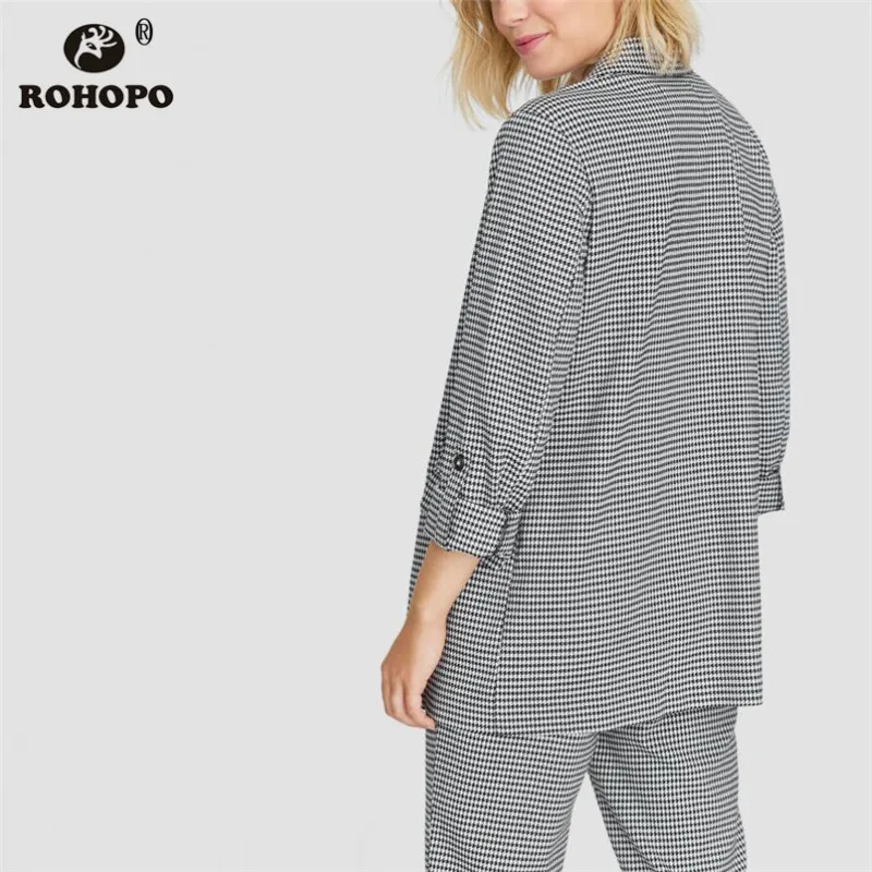ROHOPO Black Houndstooth Side Pockets Ruched Button Cuff Blazer Notched Collar Ladies Slim Cardigan Outwear #9889 ROHOPO Black Houndstooth Side Pockets Ruched Button Cuff Blazer Notched Collar Ladies Slim Cardigan Outwear #9889