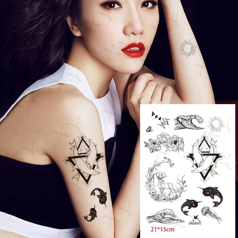 

Waterproof Temporary Tattoo Sticker Sun Fish Dolphin Flash Tattos Snake Sword Wolf Bear Body Art Arm Fake Tatoo Women Men