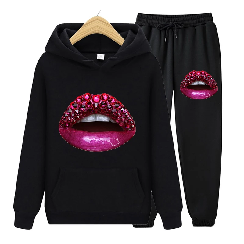 

Women's Tracksuit Two Piece Set Woman Sexy Red Lips Print Casual Hoodies And Jogger Pants Autumn Winter Female Sportswear Suit