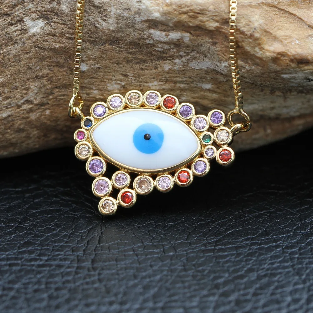 New CZ rainbow heart/shell/flower/lip/evil eye round pendant necklace in gold for women's parties, weddings, choker jewelry gift