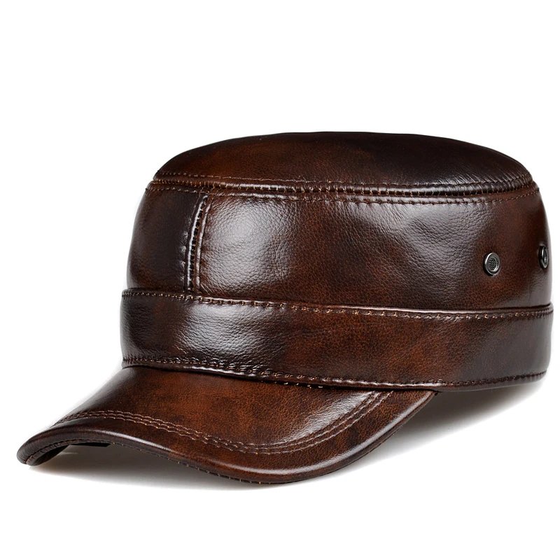 Sales 2017 Spring Men Genuine Leather Black/Brown Flat Baseball Caps Male 54-62 cm Customized Size Outdoor Snapback Golf Hat