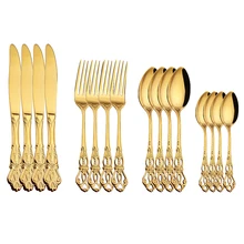 16pcs Dinnerware Set Gold Cutlery Stainless Steel Spoon Royal Cutlery Forks Knives Kitchen Spoon Western Dinner Tableware Gift
