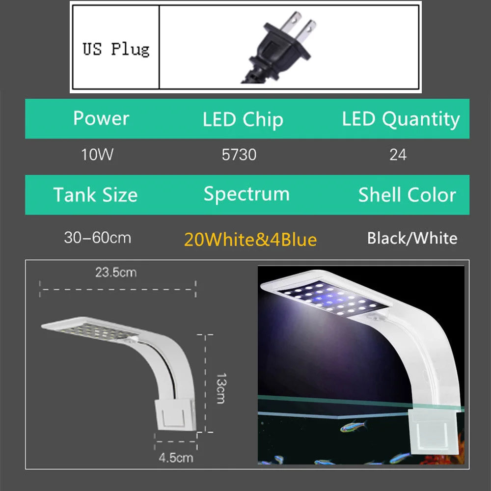 X5-W-WB 110V US EU/US/AU/UK Plug Clip-on 10 Вт Светодиодный светильник для аквариума, светодиодный светильник для пресной воды, для аквариумов, рыбок, растений, светильник для выращивания - Цвет: X5-W-WB 110V US