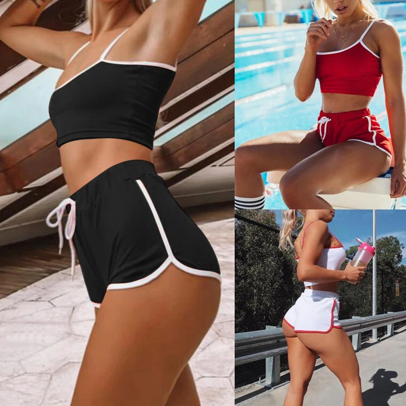 Yoga Suit Workout Sports Women Sexy Patchwork Yoga Set String Vest Short Crop Tops + Hot Shorts Pants Athletic Short Sets Hot