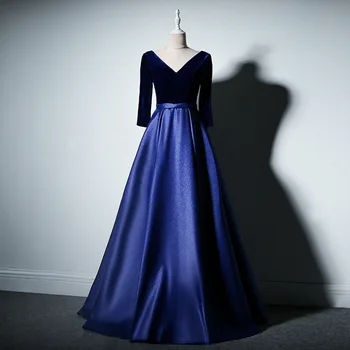 

High-end Lady Evening Party Dress Qipao Elegant Solid Navy Blue Robe De Soiree Exquisite V-neck Ball Gown Vestidos De Festa