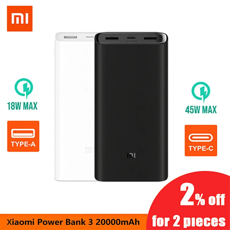 

Xiaomi Power Bank 3 20000MAh Pro 45W PD Fast Charger For Laptop Mi Power Bank PLM07ZM With Triple USB Output USB-C 45W 20000 mAh