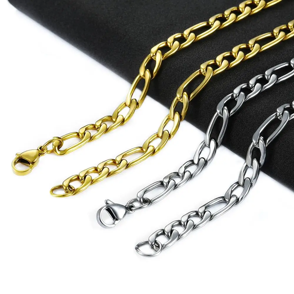 Basic Stainless Steel Link Figaro Chain Long Necklace for Men Women Gold/Silver Color Choker Metal Jewelry Accessories DIY Gift Stainless Steel Necklace Metal Necklace Choker Necklace