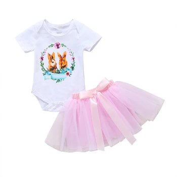 

Baby Girls Short Sleeve Romper + Tulle Skirt Set Infant Cartoon Rabbit Print Clothing Set Summer Toddler Clothing