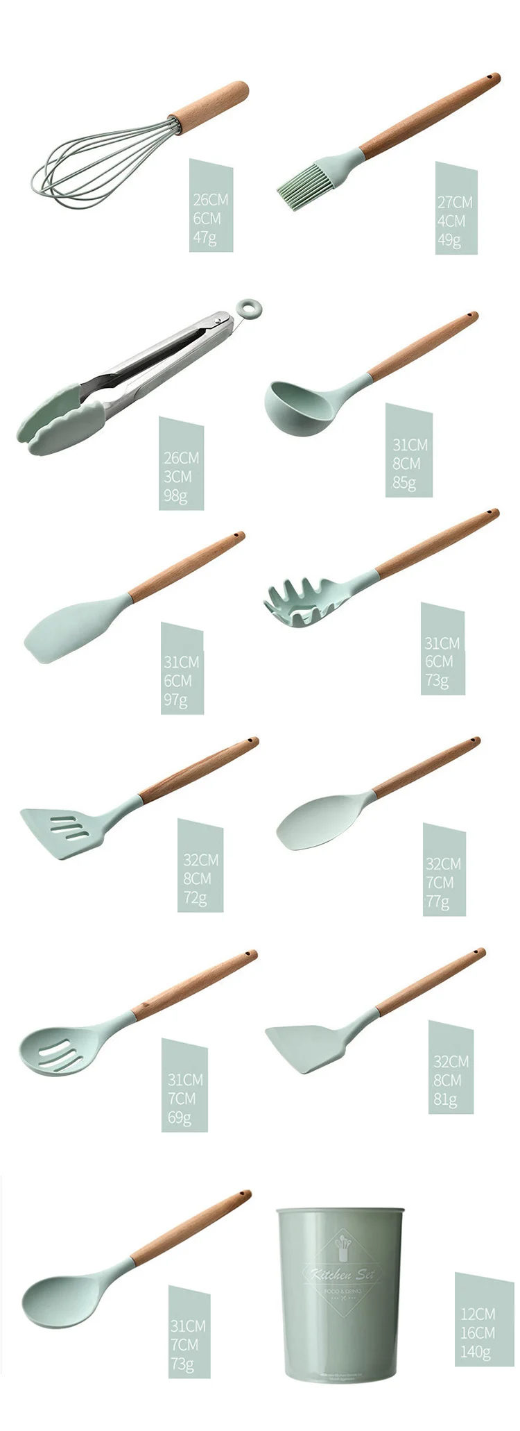 12 Pieces Natural Wooden Handles Cooking Tool BPA Free Non Toxic Silicone Turner Tongs Spatula Spoon Kitchen Gadgets Utensil Set
