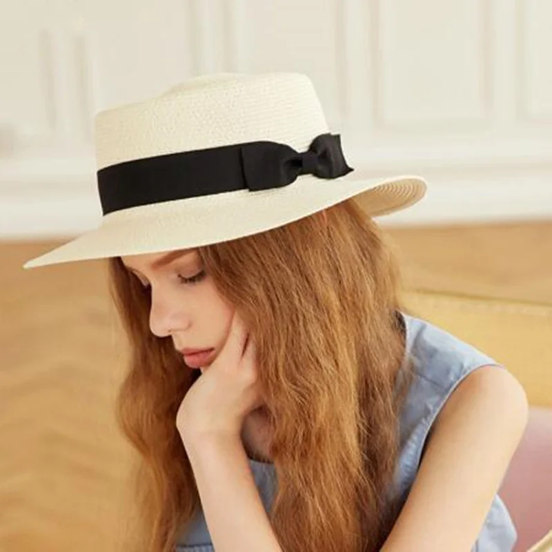 Summer Hats For Women Sun Hat Beach Ladies Fashion Flat Brom Bowknot Panama Lady Casual Sun Hats For Women Straw Hat 2