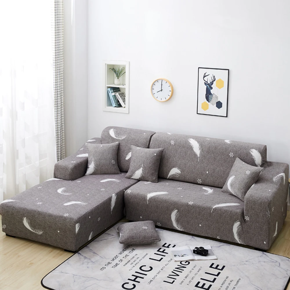 Printed L Shaped Sofa Cover Living Room 2 Pcs Stretch Covers for Corner Sofa Sectional Chaise Longue Sofa Slipcover Corner - Цвет: B-feather