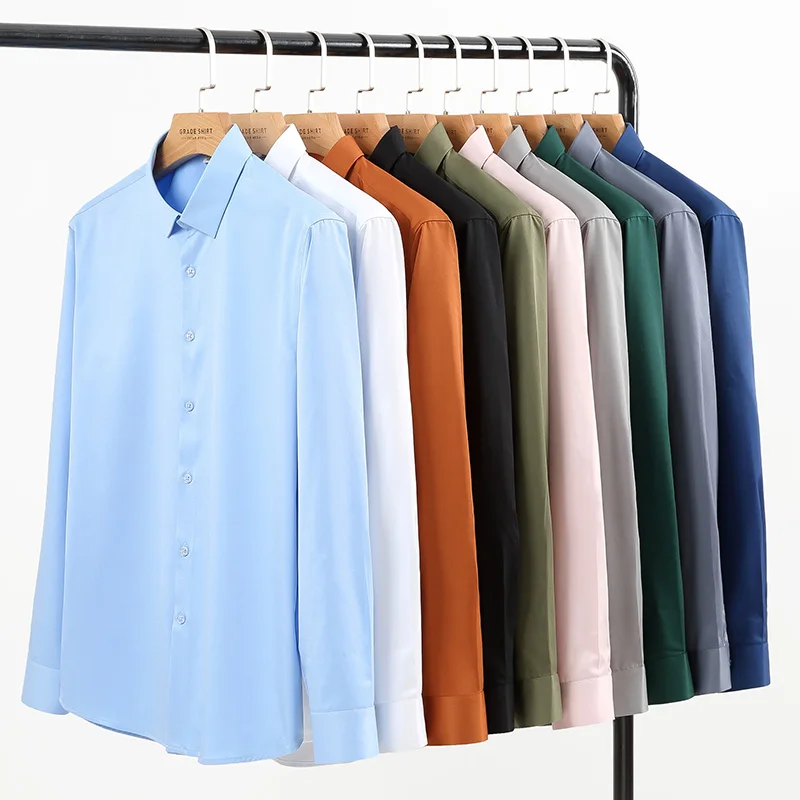 Men Shirts Stretch Solid Long Sleeve No Chest Pocket