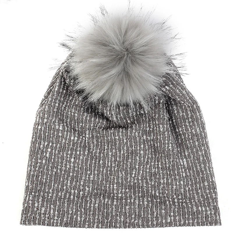 Geebro женская теплая зимняя шапка унисекс с черепом, мягкая мешковатая вязаная женская громоздкая зимняя шапка с помпоном из искусственного меха 15 см - Цвет: gray 19