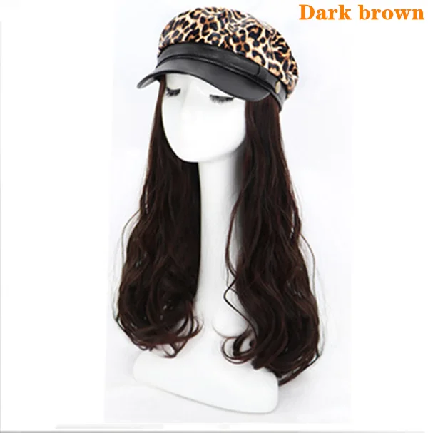 dark brown Прямая поставка, модный дизайн, женские леопардовые темно-синие Шапки, длинные волнистые волосы, парик, шапка, коричневый, черный, натуральные парики для женщин, девушек, Солнцезащитная шляпа - Цвет: dark brown