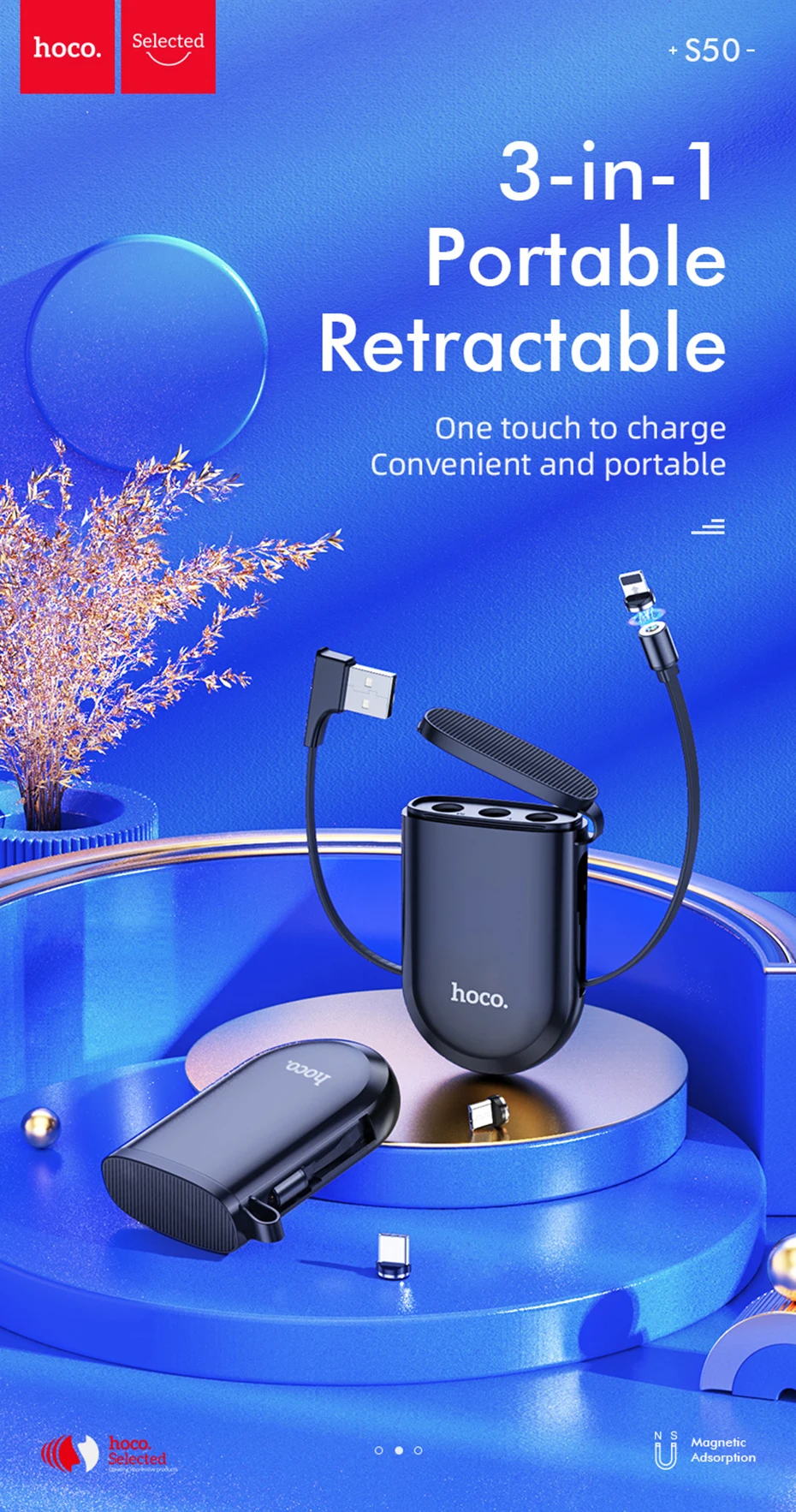Hoco 3 in 1 Magnetic USB Retractable Cable For iPhone 12 Pro Max 11 Type C Cable with Storage Box