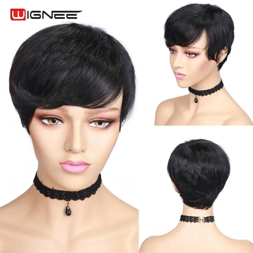Wignee Short Pixie Cut Curly Human Hair Wigs For Women Natural Black Remy Hair Jerry Curl High Density Glueless Cheap Human Wigs