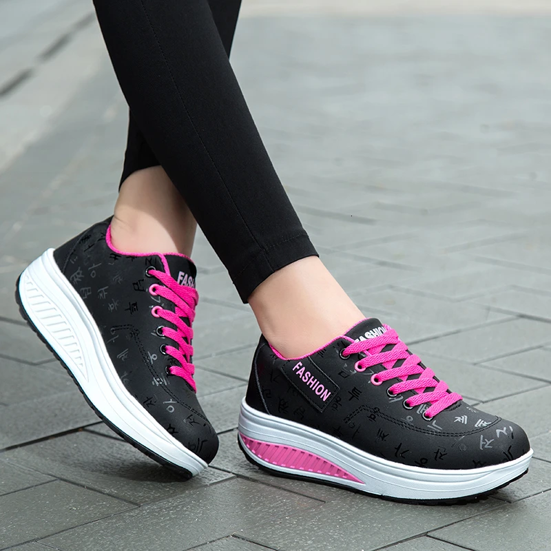 

Waterproof Toning Shoes Women Height Increasing Wedge Sneakers Fitness Shoes Lace-up Platform Shoes Antislip Gym Shoes Jumping