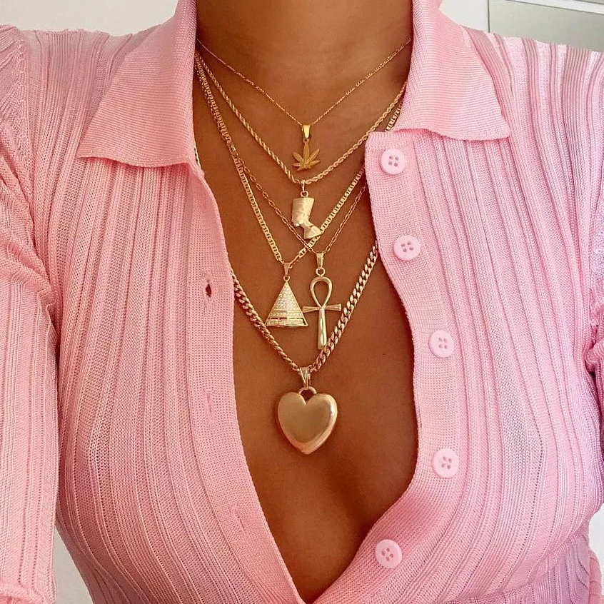 

Hot Selling Europe And America Exaggeration Maple Leaf Egypt Pharaoh Cleopatra Pyramid Choker Heart Pendant Multistory Necklace