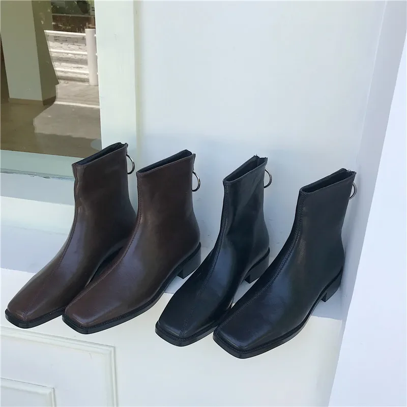 

Shoes Women Boots Winter Back Zip Zipper Chelsea Chunky Heel Bootee Woman 2019 Autumn Ankle Med Rubber Solid Square Toe PU Rome