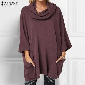 

Top Blusas ZANZEA Women Casual Turtleneck Solid Shirts Office Ladies Work Baggy Pockets Tunic Chemiser Mujer Blusas Plus Size