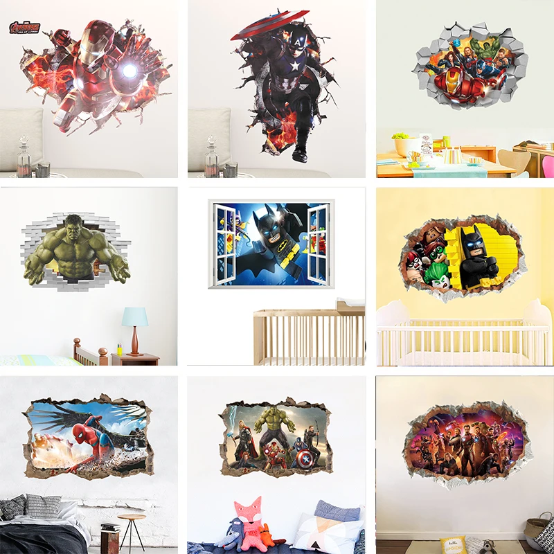 Marvel Hero 3Dview Spiderman Ironman The Avengers Wall Stickers For Kids Room Boy bedroom accessories Mural Room Decor