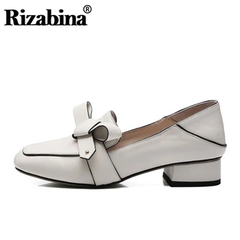 

RIZABINA Real Leather Women Shoes Bowknot Square Toe Fls Shoes Leisure Outdoor Daily Slip On Women Footwear Size 34-39