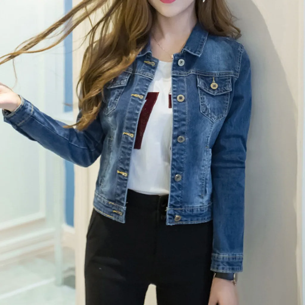 Best  Short Denim 2019 Autumn Winter Jackets Women White Wash Long Sleeve Vintage Casual Jean Jacket Bomb